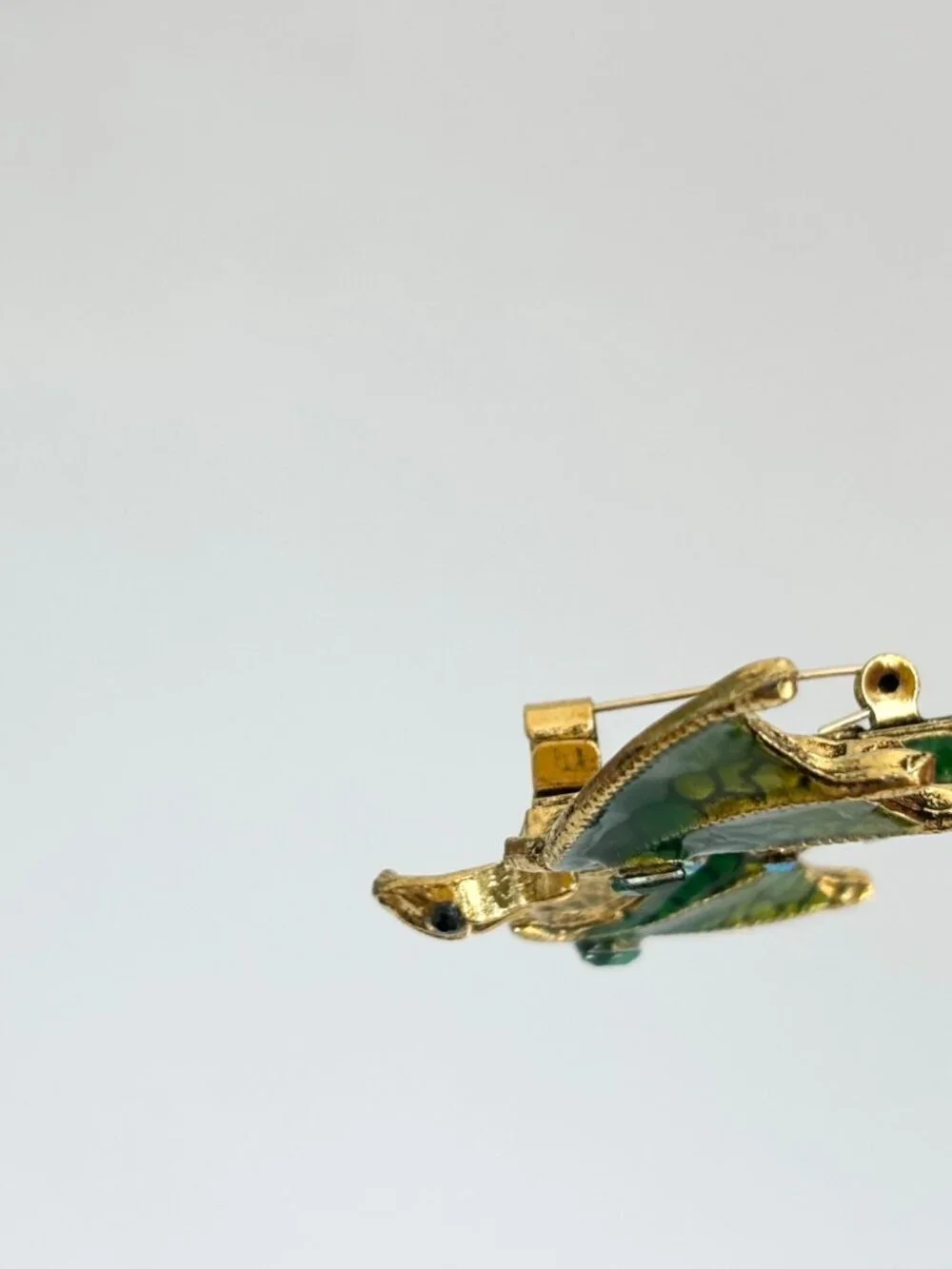 Dragon Figural Green Enameled Rhinestone Accented Gold Toned Brooch Pin